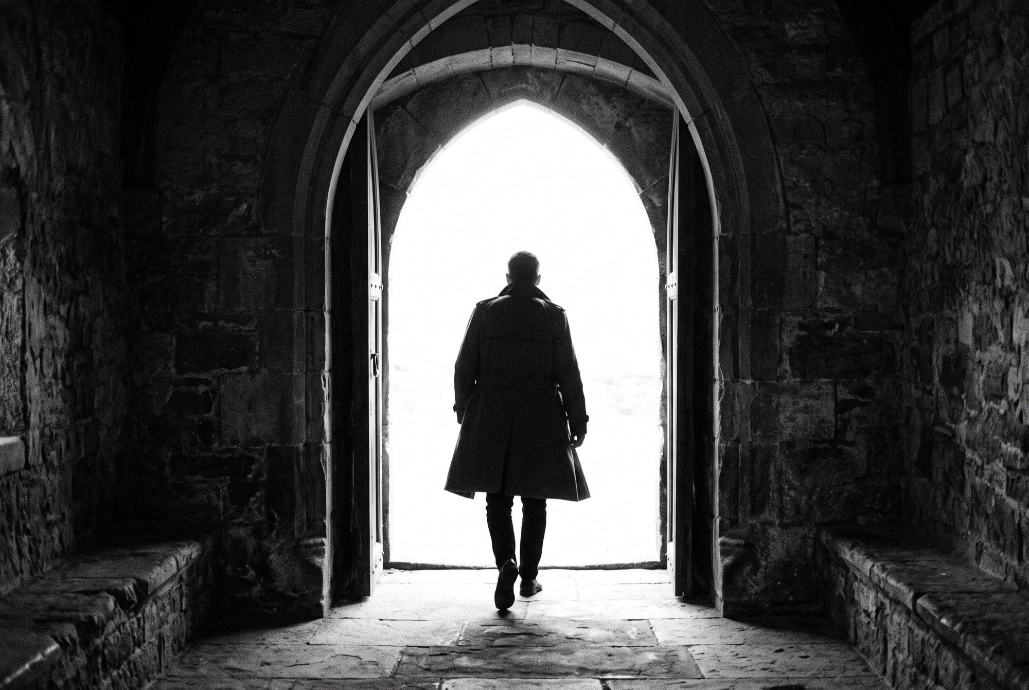 A figure walking out through a doorway into open daylight